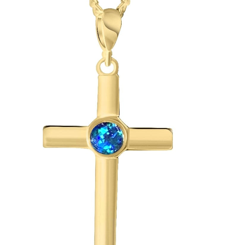 Sterling Silver Gold plated cross with 5mm Opal triplet - Masterpiece Jewellery Opal & Gems Sydney Australia | Online Shop