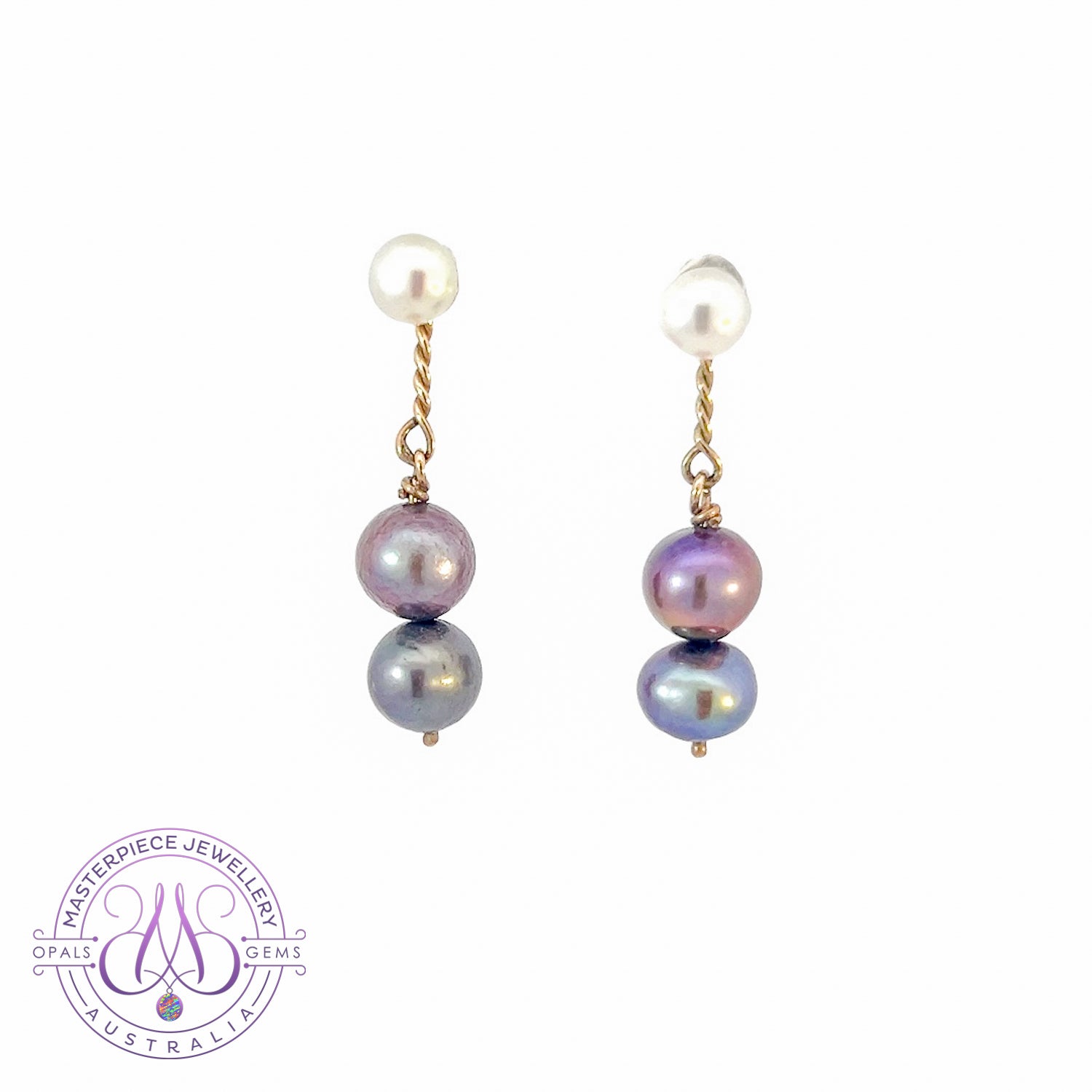 14kt White and Yellow Gold dangling White and Black Pearl earrings - Masterpiece Jewellery Opal & Gems Sydney Australia | Online Shop