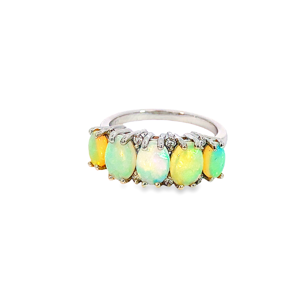 Platinum ring set with 5 Crystal Opal 2.6ct and diamond eternity style ring - Masterpiece Jewellery Opal & Gems Sydney Australia | Online Shop