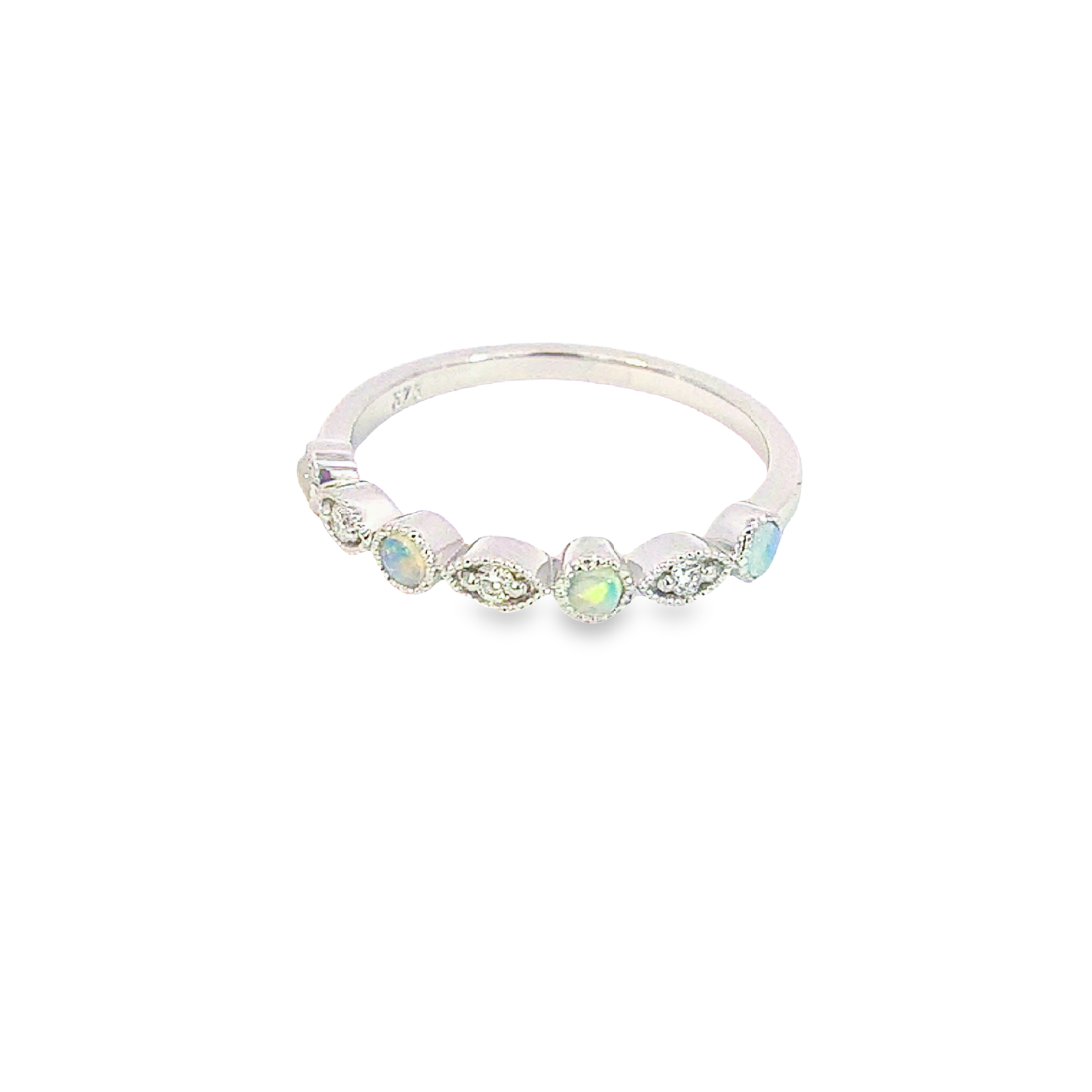 9kt White Gold eternity band millgrain finish Opal and DIamonds - Masterpiece Jewellery Opal & Gems Sydney Australia | Online Shop