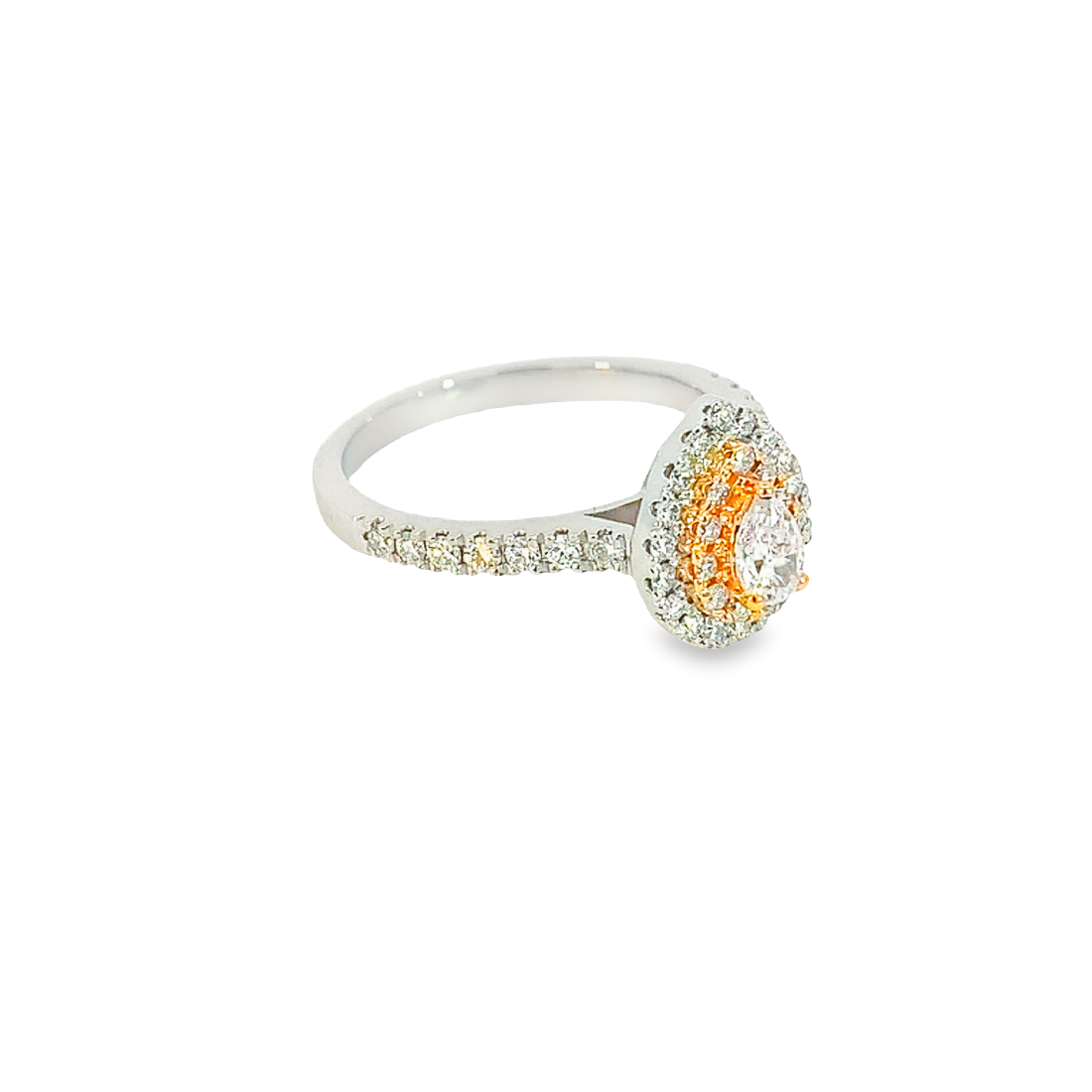 Platinum and Rose Gold Pink Diamond Pear shape and White Diamond halo ring - Masterpiece Jewellery Opal & Gems Sydney Australia | Online Shop