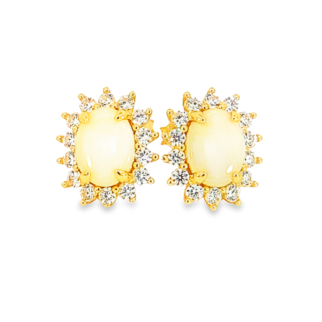 Gold Plated Sterling Silver cluster earrings set with White Opal 8x6mm - Masterpiece Jewellery Opal & Gems Sydney Australia | Online Shop