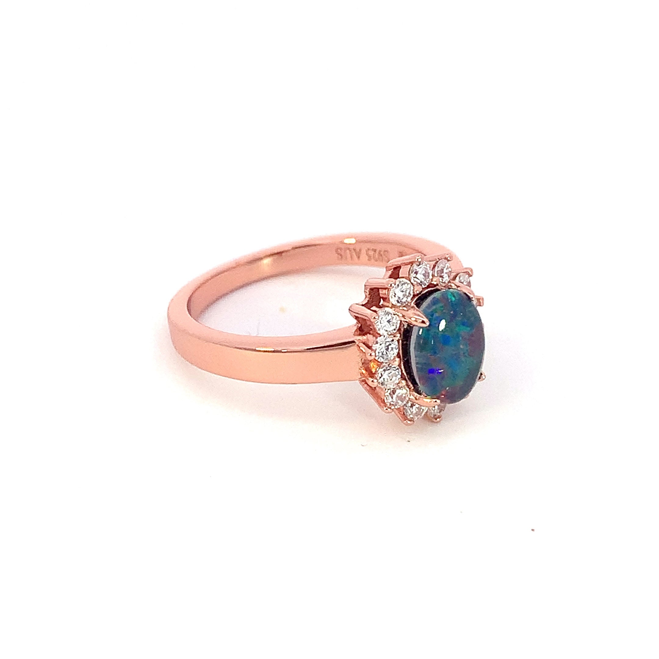Rose Gold Plated Opal triplet 8x6mm cluster ring - Masterpiece Jewellery Opal & Gems Sydney Australia | Online Shop