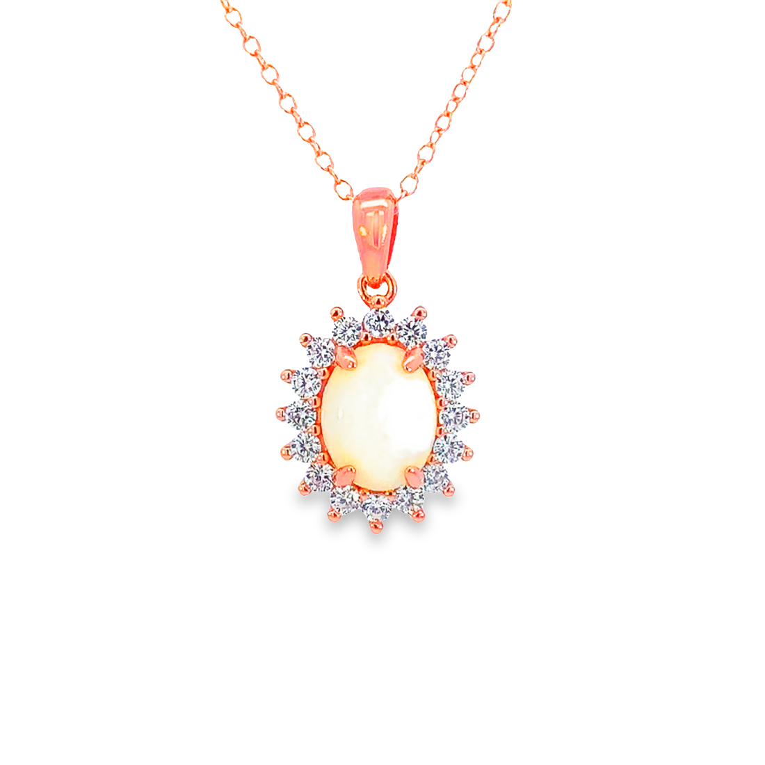 Rose Gold plated silver cluster 9x7mm White Opal pendant - Masterpiece Jewellery Opal & Gems Sydney Australia | Online Shop