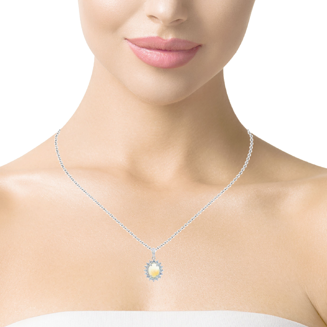 Sterling Silver 9x7mm White Opal pendant Necklace in cluster setting - Masterpiece Jewellery Opal & Gems Sydney Australia | Online Shop