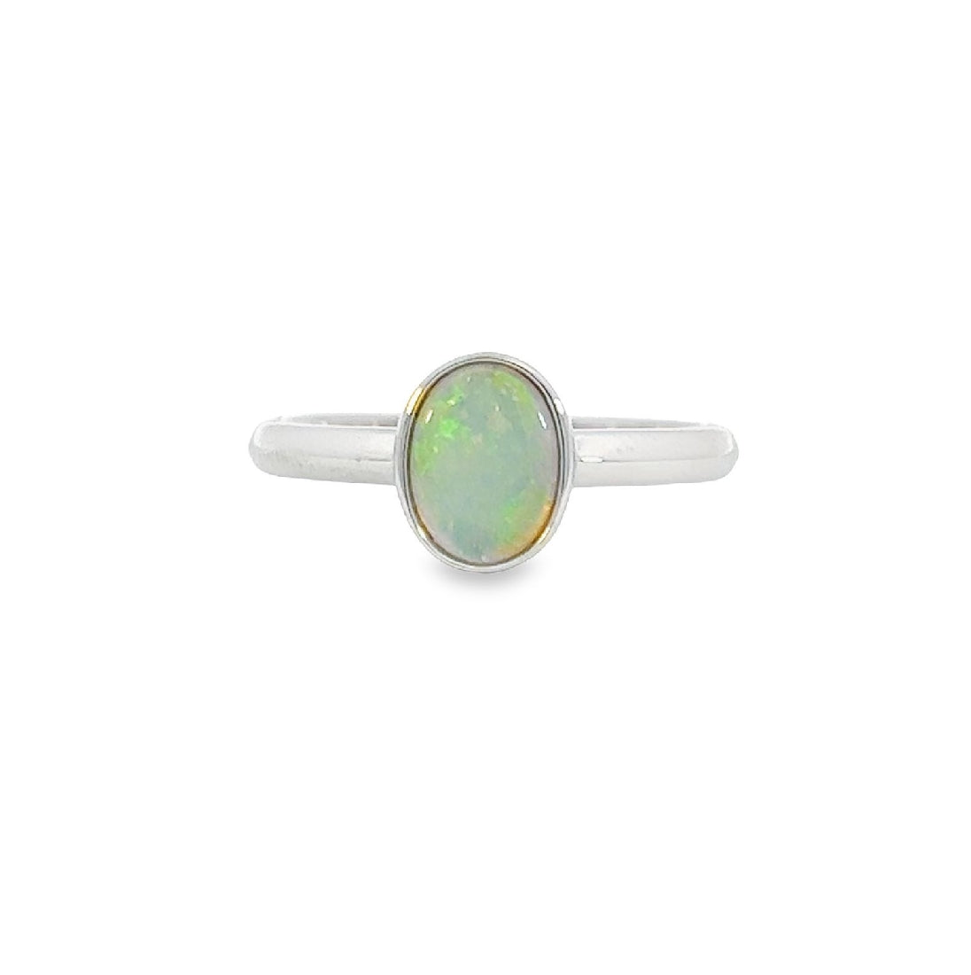 Sterling Silver 8x6mm White Opal ring bezel set solitaire - Masterpiece Jewellery Opal & Gems Sydney Australia | Online Shop