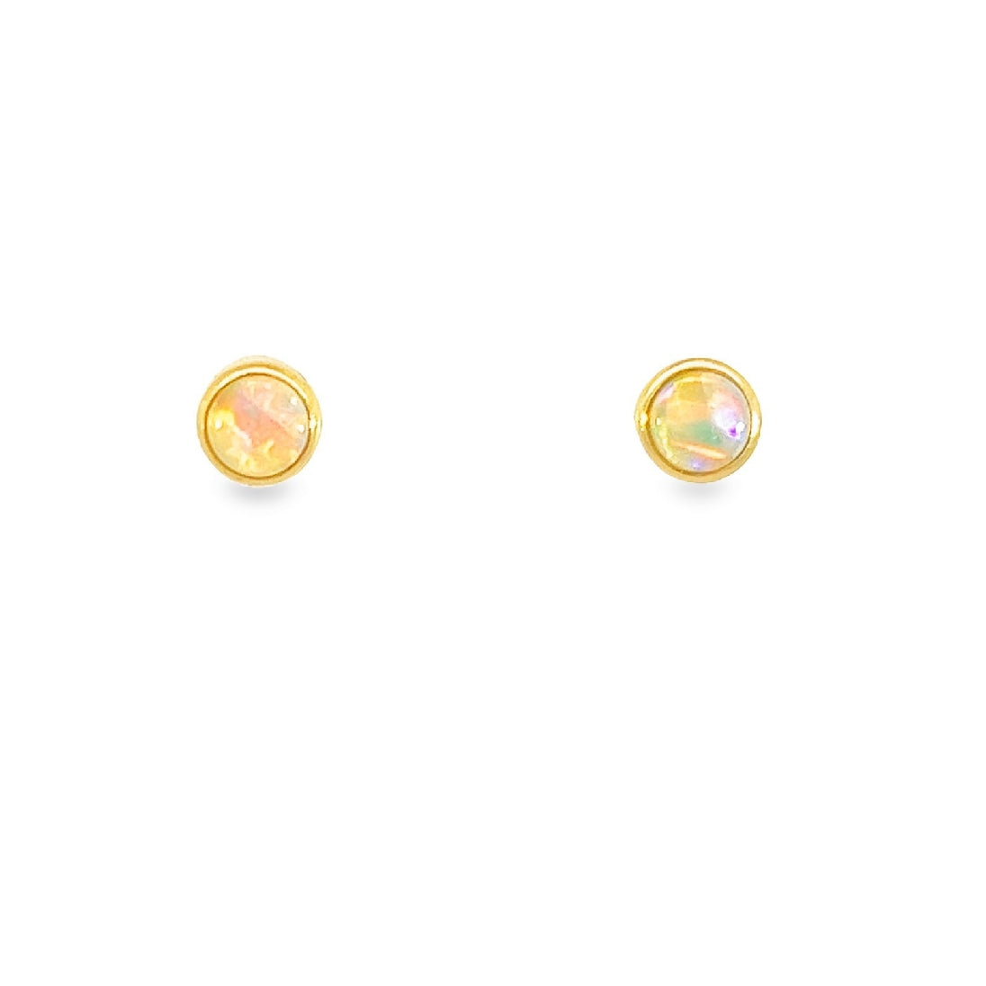 9kt Yellow Gold pair of 4mm Crystal Opal earrings bezel studs - Masterpiece Jewellery Opal & Gems Sydney Australia | Online Shop