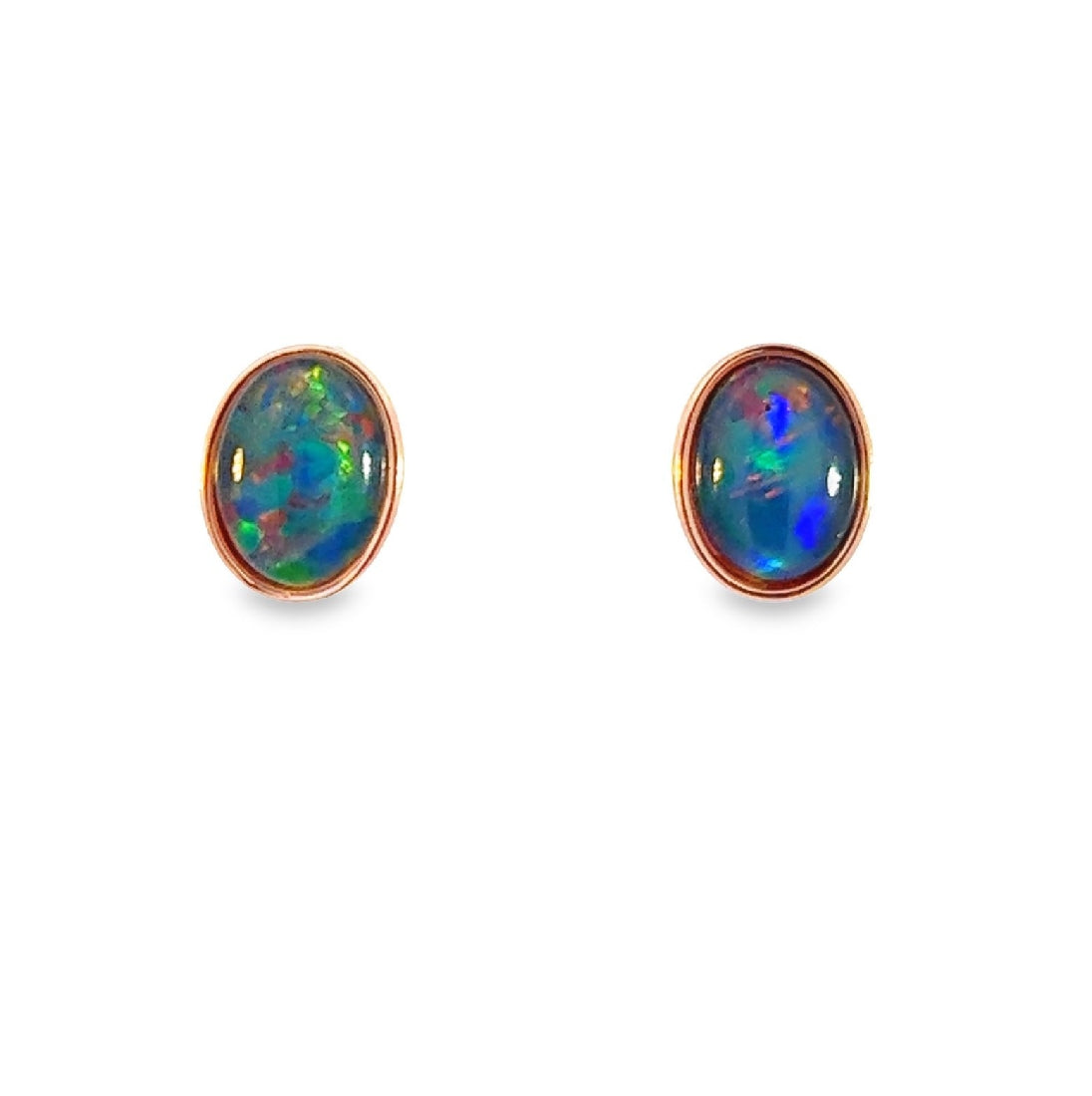 Pair of Rose Gold plated sterling silver 8x6mm Triplet Opal earrings bezel set - Masterpiece Jewellery Opal & Gems Sydney Australia | Online Shop
