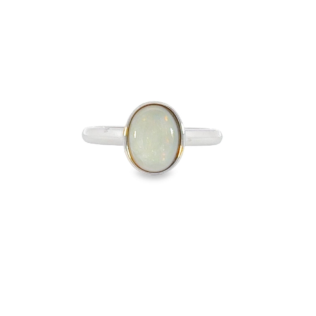 Sterling Silver 9x7mm White Opal ring solitaire bezel set - Masterpiece Jewellery Opal & Gems Sydney Australia | Online Shop
