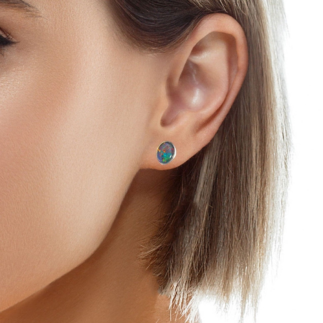 Sterling Silver 8x6mm Triplet Opal earrings bezel studs - Masterpiece Jewellery Opal & Gems Sydney Australia | Online Shop