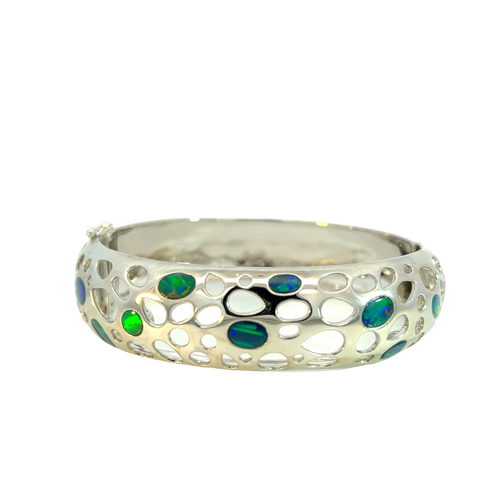 Sterling Silver cut out bangle with Opal doublets 1.96ct - Masterpiece Jewellery Opal & Gems Sydney Australia | Online Shop