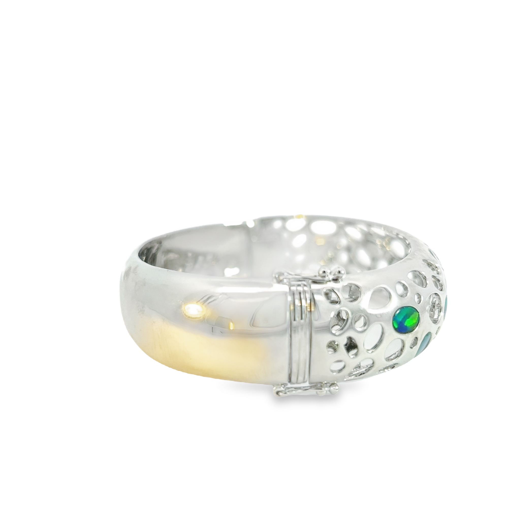Sterling Silver cut out bangle with Opal doublets 1.96ct - Masterpiece Jewellery Opal & Gems Sydney Australia | Online Shop