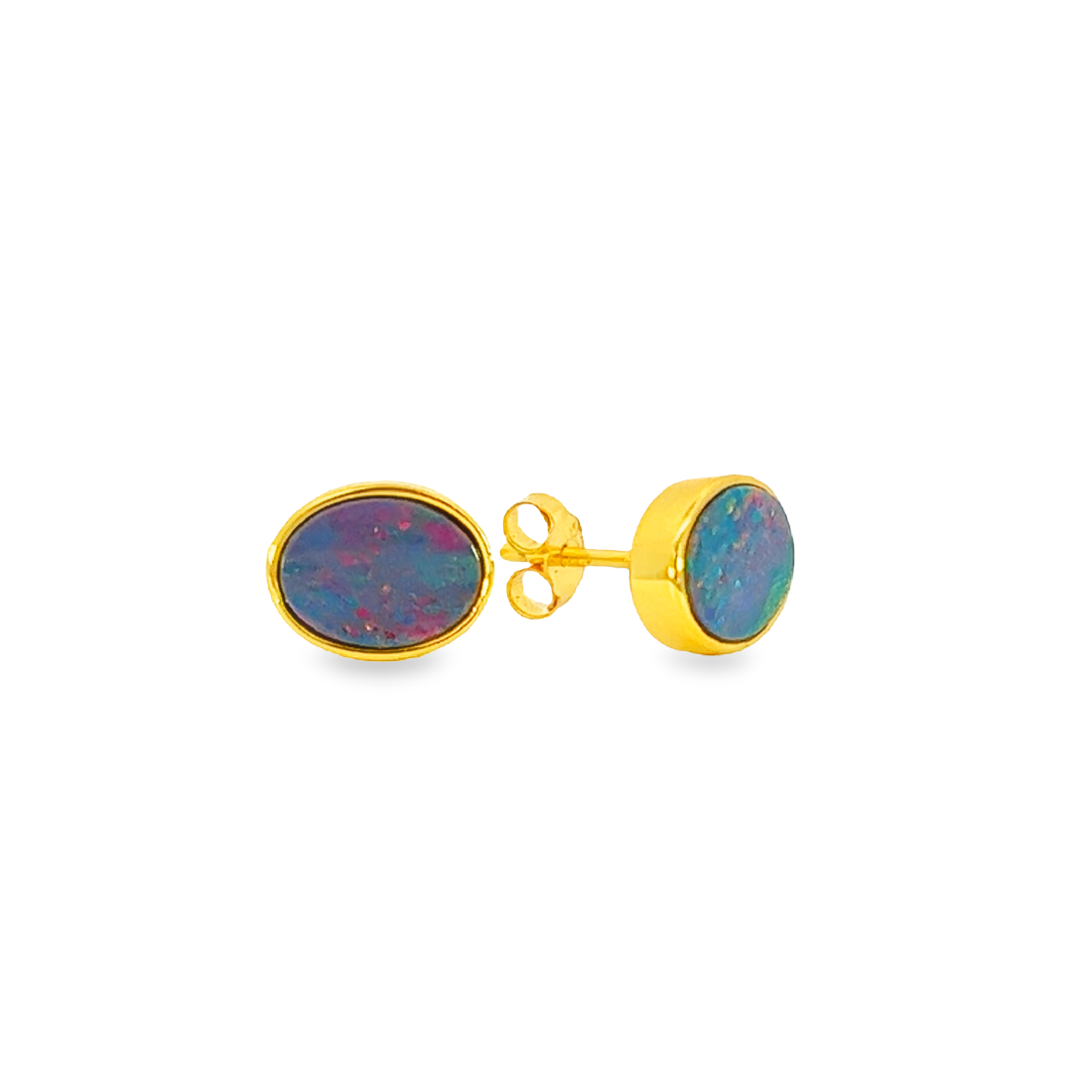 Sterling Silver Gold Plated Opal doublet 8x6mm bezel set style earrings - Masterpiece Jewellery Opal & Gems Sydney Australia | Online Shop