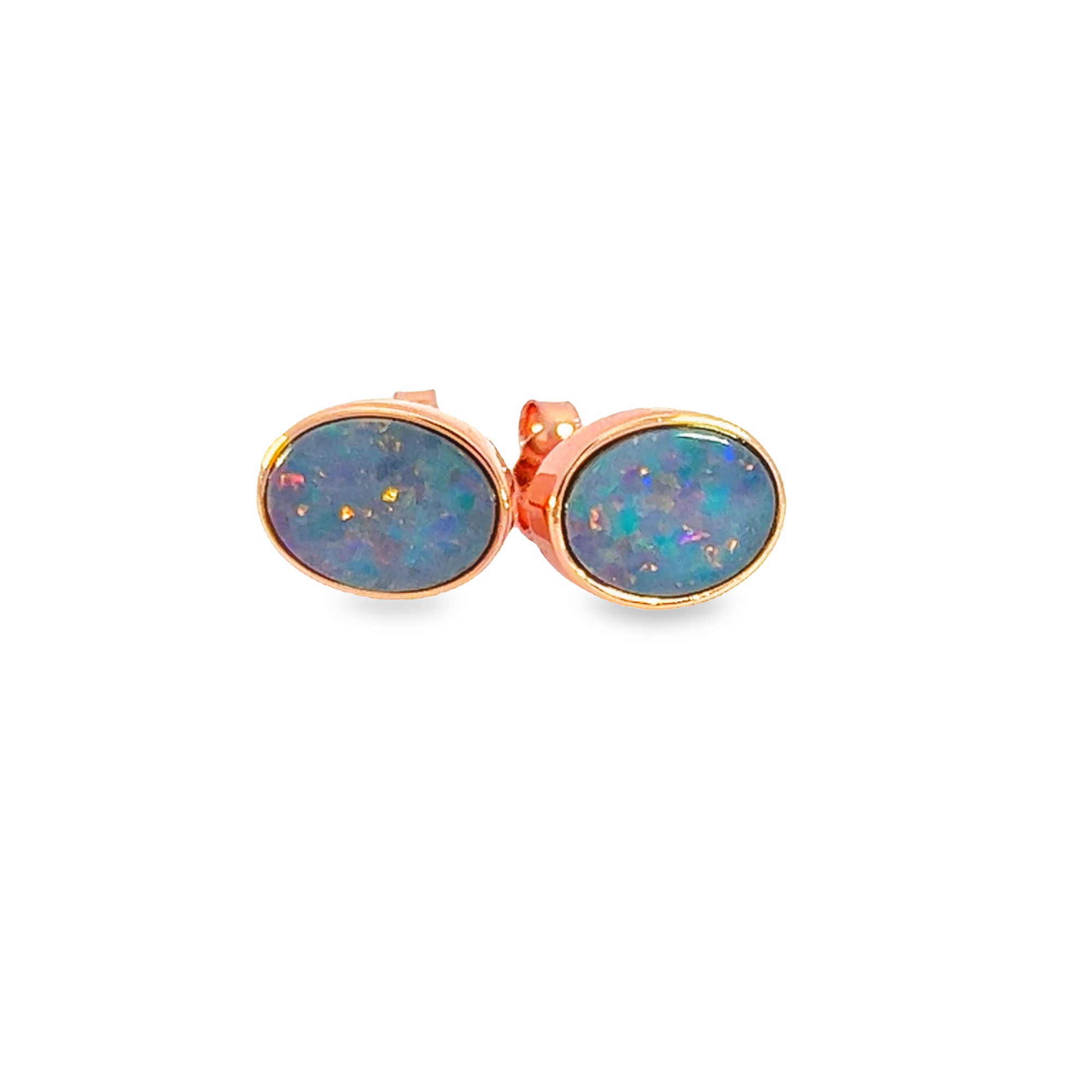 Rose Gold plated 8x6mm Opal doublet earrings - Masterpiece Jewellery Opal & Gems Sydney Australia | Online Shop