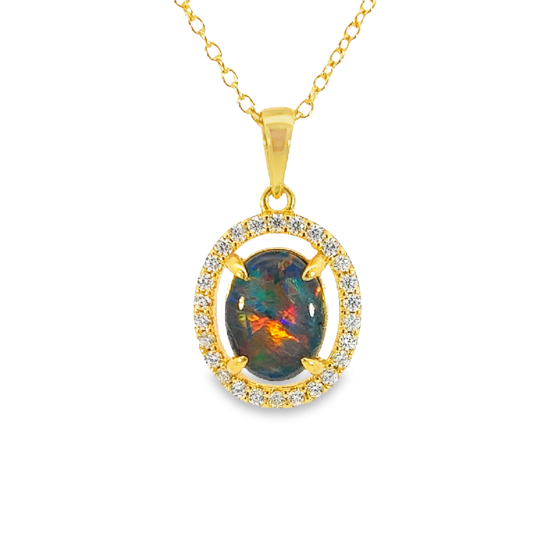 Gold plated Sterling Silver Opal triplet 9x7mm halo pendant - Masterpiece Jewellery Opal & Gems Sydney Australia | Online Shop