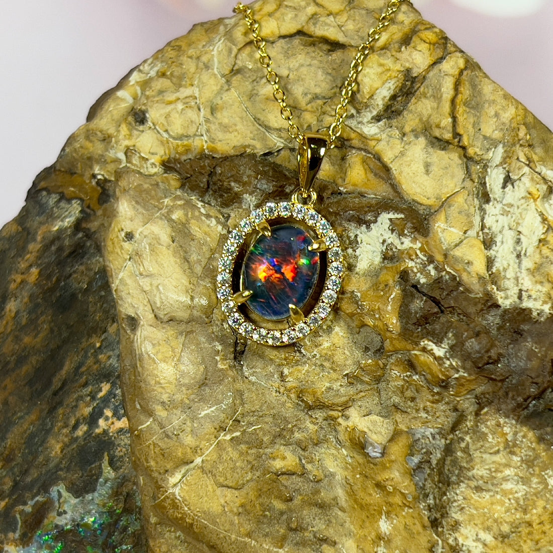 Gold plated Sterling Silver Opal triplet 9x7mm halo pendant - Masterpiece Jewellery Opal & Gems Sydney Australia | Online Shop