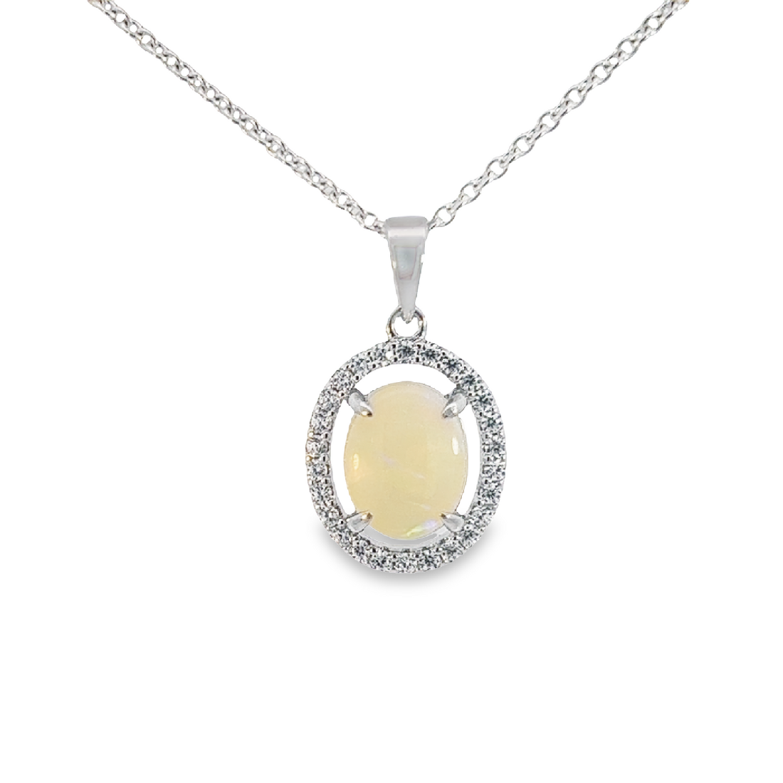 Sterling Silver White Opal Halo Pendant - Dainty & Raw, Silver & Gold Opal Necklace Options, Fire Opal Pendant 9x7mm - Masterpiece Jewellery Opal & Gems Sydney Australia | Online Shop