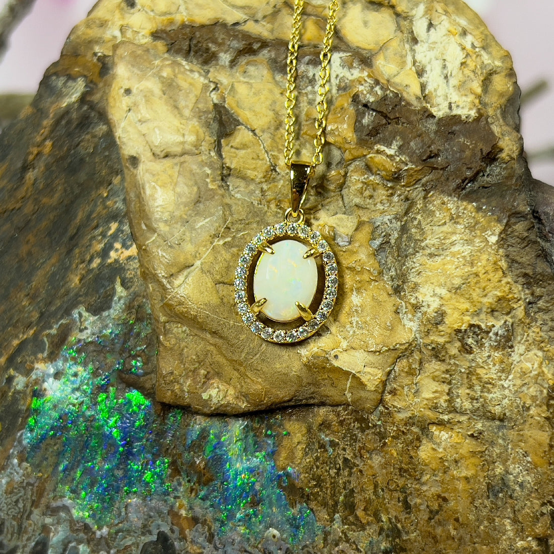 Gold plated Sterling Silver 9x7mm White Opal halo pendant - Masterpiece Jewellery Opal & Gems Sydney Australia | Online Shop
