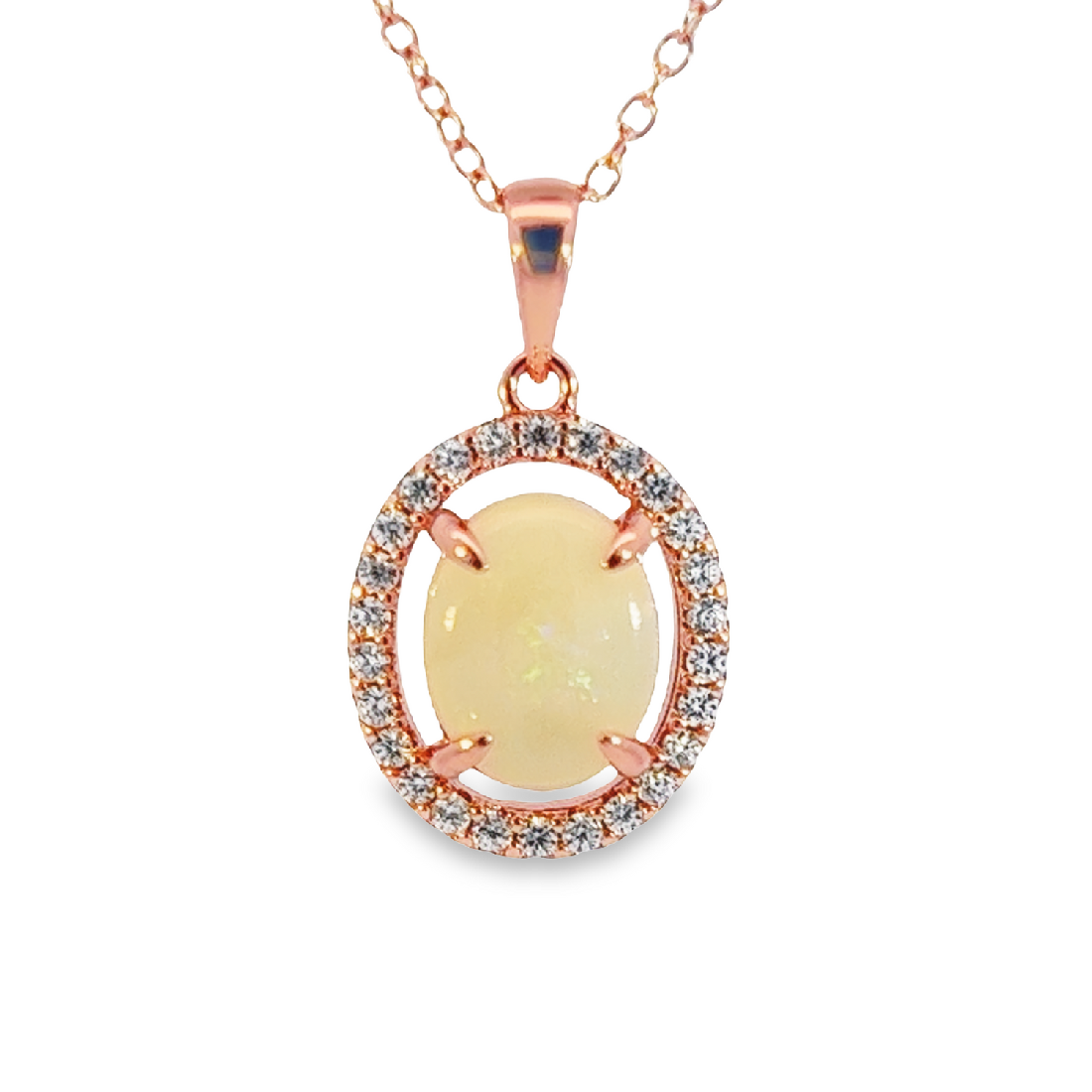 Rose Gold Plated Sterling Silver White Opal Halo Pendant - Dainty, Gold & Silver, Raw & Fire Opal Necklace" - Masterpiece Jewellery Opal & Gems Sydney Australia | Online Shop