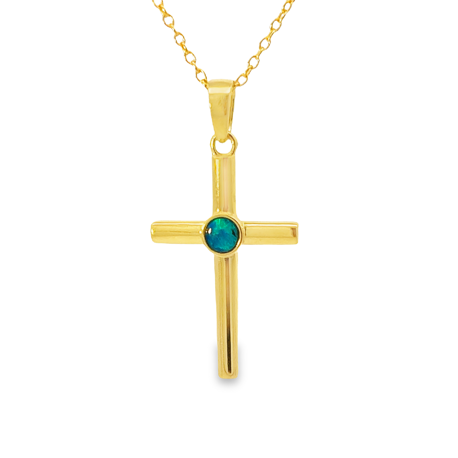 14kt Yellow Gold Cross with one 3.5mm Round Crystal Opal - Masterpiece Jewellery Opal & Gems Sydney Australia | Online Shop