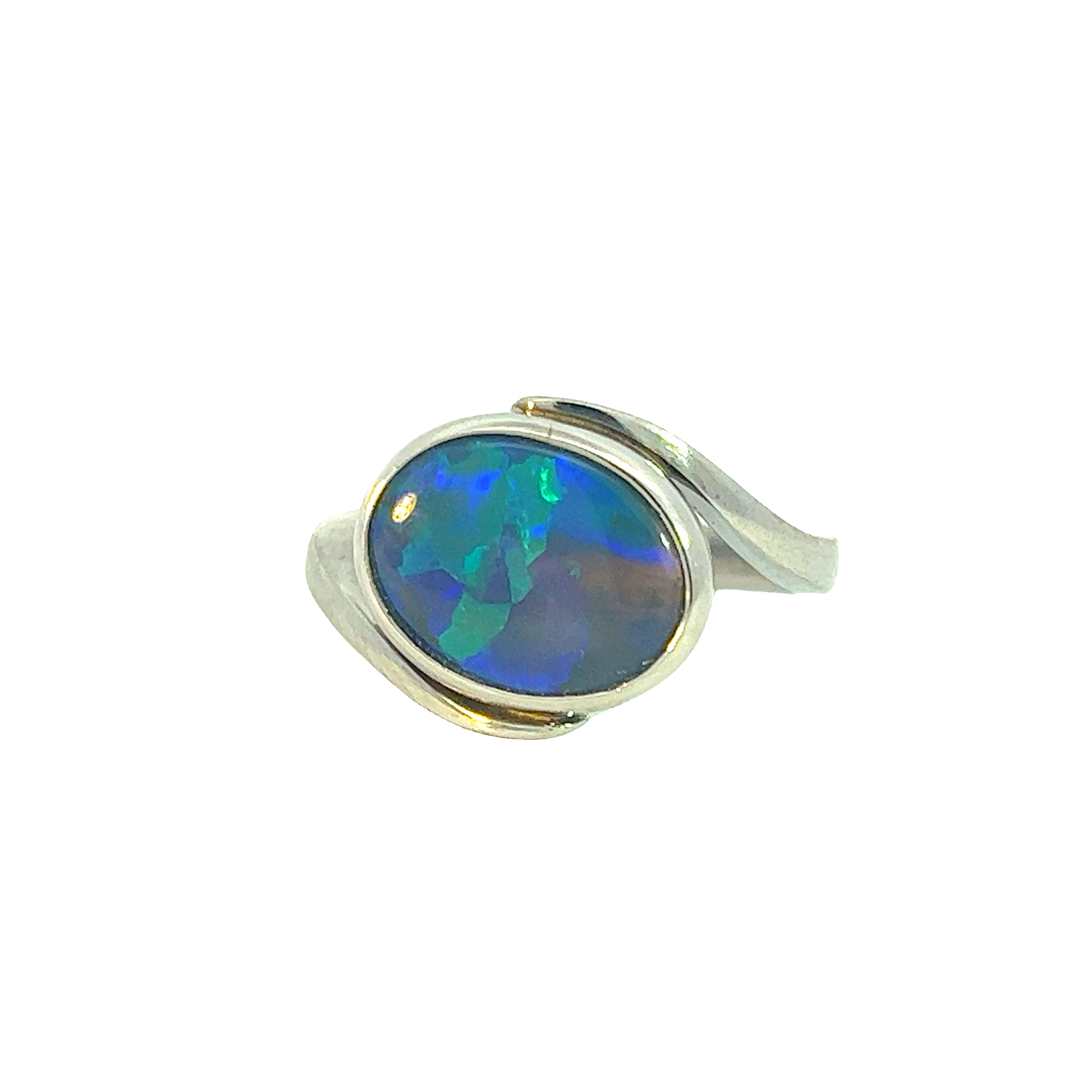 18kt White Gold cross over Black Opal 1.5ct Blue Green solitaire ring - Masterpiece Jewellery Opal & Gems Sydney Australia | Online Shop