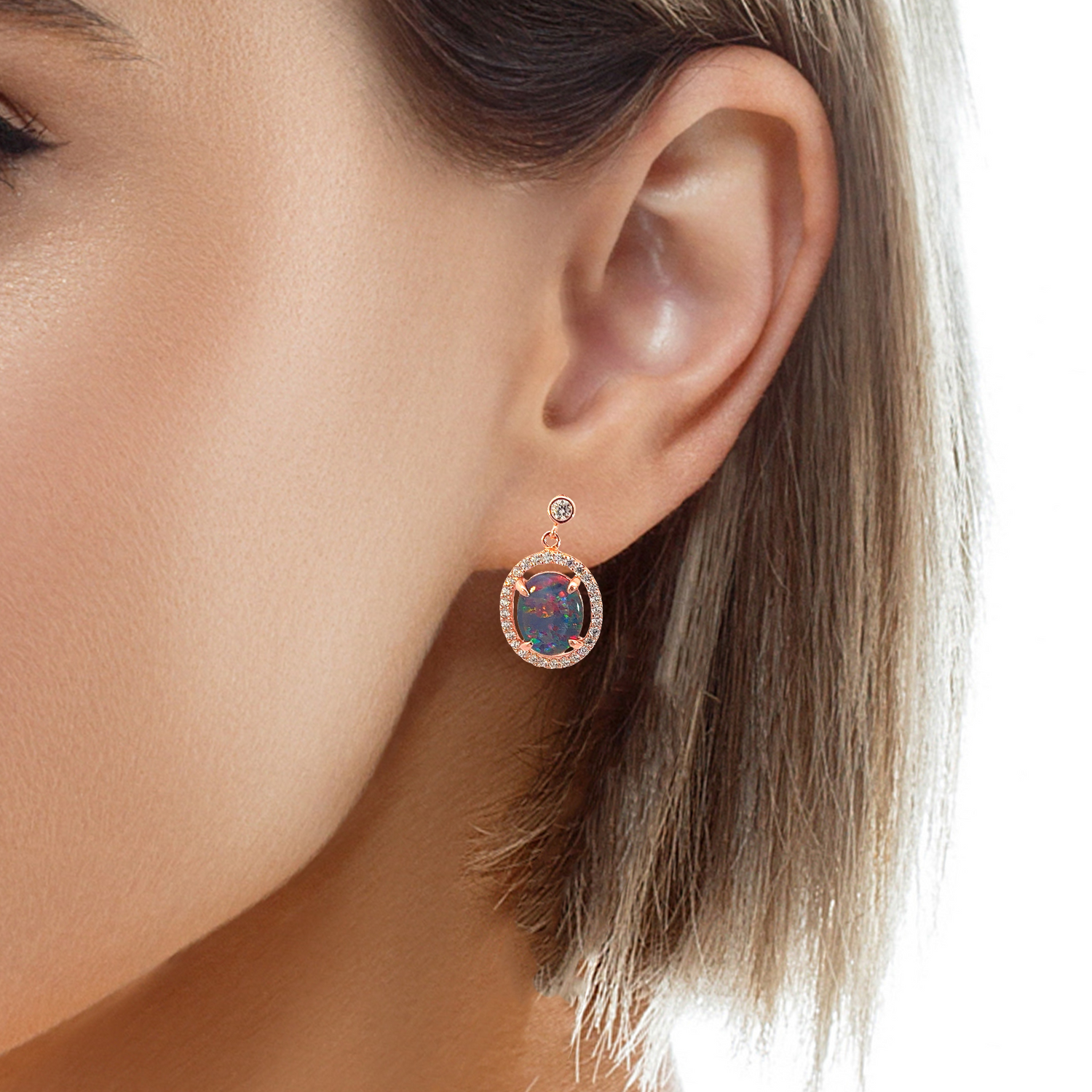 Rose Gold plated dangling halo 10x8mm triplet Opal earrings - Masterpiece Jewellery Opal & Gems Sydney Australia | Online Shop