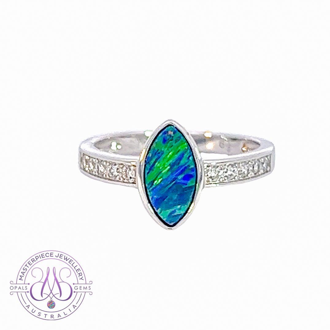 Sterling Silver Marquise shape Opal doublet and cubic zirconia ring - Masterpiece Jewellery Opal & Gems Sydney Australia | Online Shop