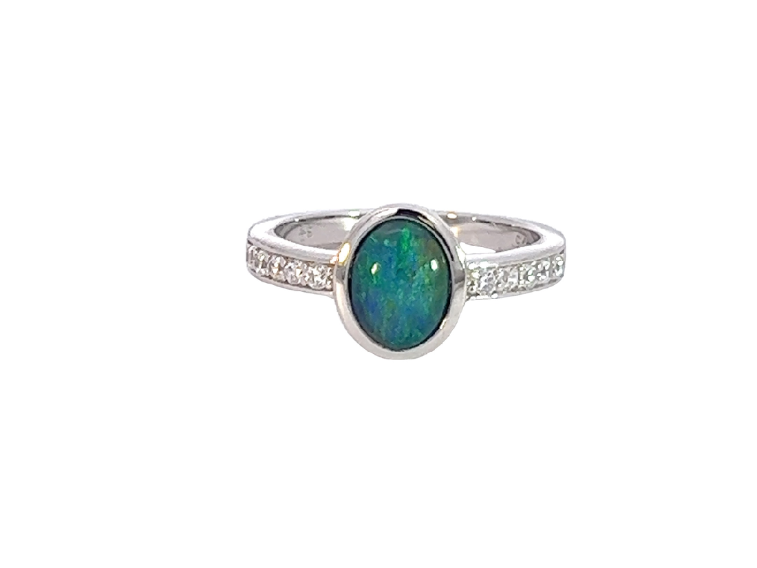 Sterling Silver Opal triplet oval and cubic zirconia ring - Masterpiece Jewellery Opal & Gems Sydney Australia | Online Shop