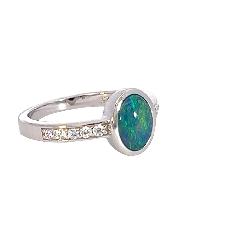 Sterling Silver Opal triplet oval and cubic zirconia ring - Masterpiece Jewellery Opal & Gems Sydney Australia | Online Shop