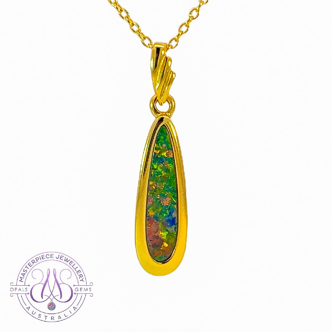 Yellow Gold plated silver opal doublet 27x6.2mm pendant - Masterpiece Jewellery Opal & Gems Sydney Australia | Online Shop
