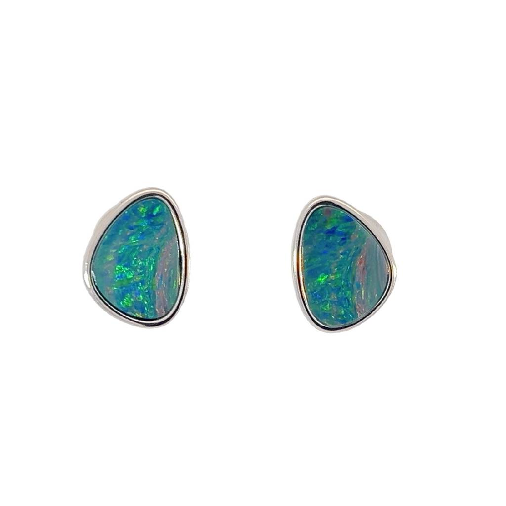 Sterling Silver pair of opal doublet studs freeform shape - Masterpiece Jewellery Opal & Gems Sydney Australia | Online Shop