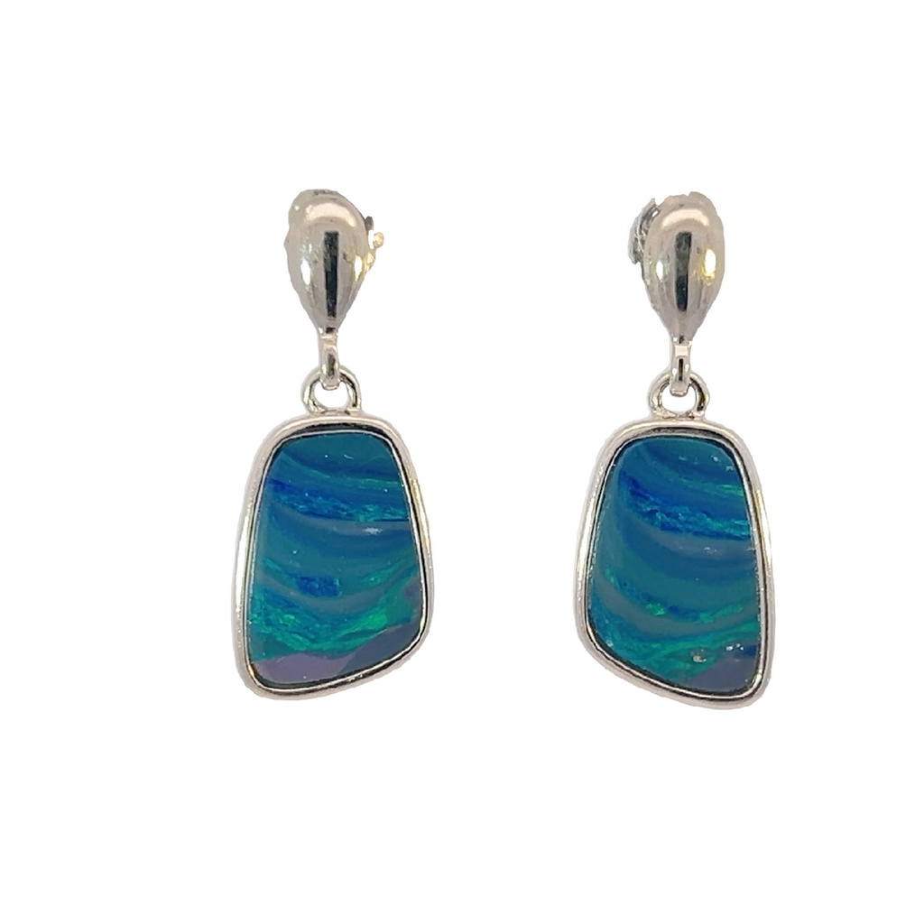Sterling Silver Freeform rectangular shape dangling Opal doublet earrings - Masterpiece Jewellery Opal & Gems Sydney Australia | Online Shop