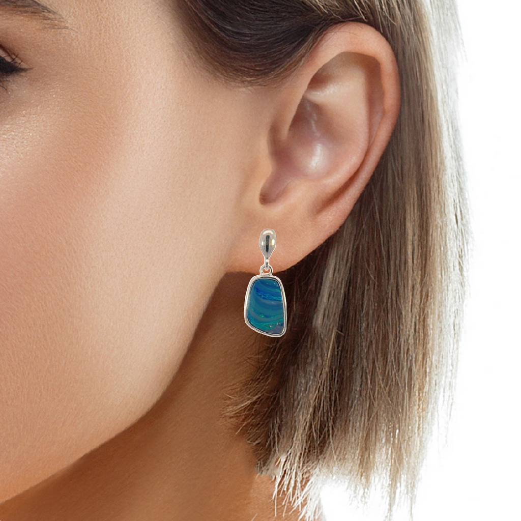 Sterling Silver Freeform rectangular shape dangling Opal doublet earrings - Masterpiece Jewellery Opal & Gems Sydney Australia | Online Shop