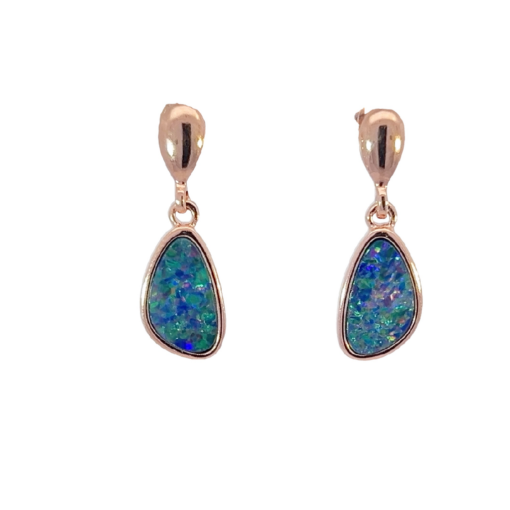 Rose Gold plated Sterling Silver dangling drop Opal doublet earrings - Masterpiece Jewellery Opal & Gems Sydney Australia | Online Shop