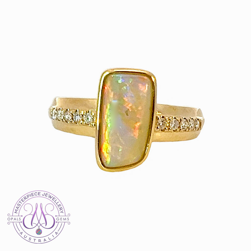14kt Yellow Gold rectangular Fire Light Opal with diamonds ring - Masterpiece Jewellery Opal & Gems Sydney Australia | Online Shop