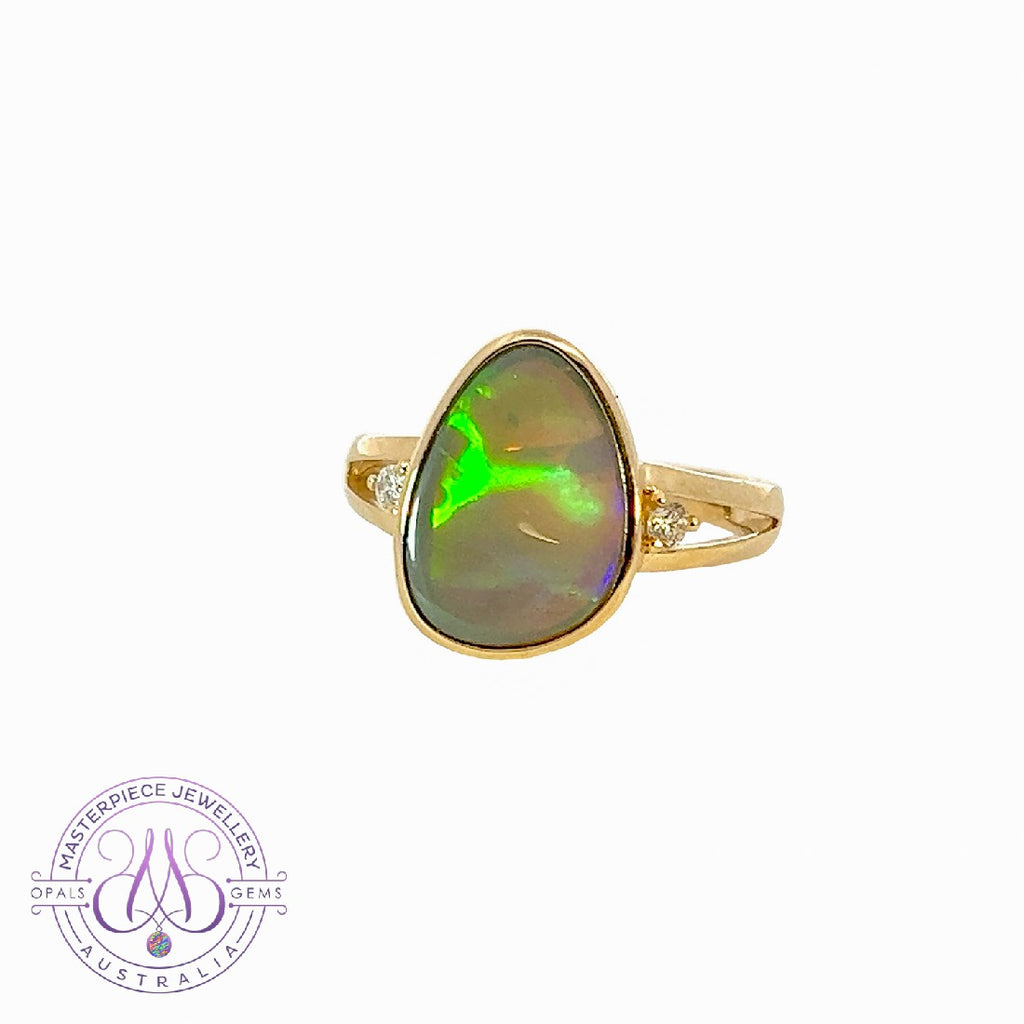 14kt Yellow Gold Black Opal with diamonds ring traingular shape - Masterpiece Jewellery Opal & Gems Sydney Australia | Online Shop