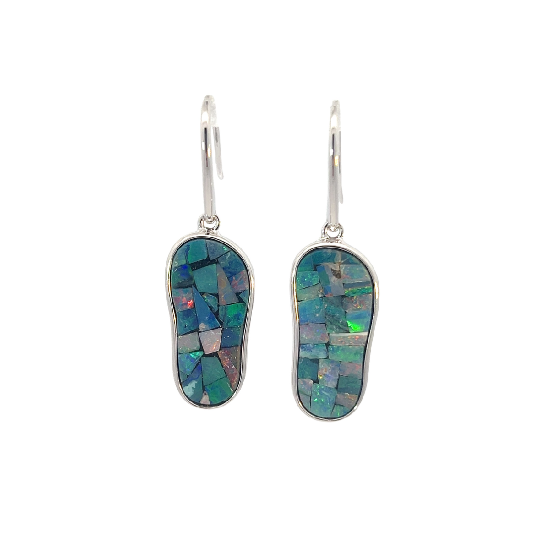 Sterling Silver long drop mosiac Opal earrings - Masterpiece Jewellery Opal & Gems Sydney Australia | Online Shop