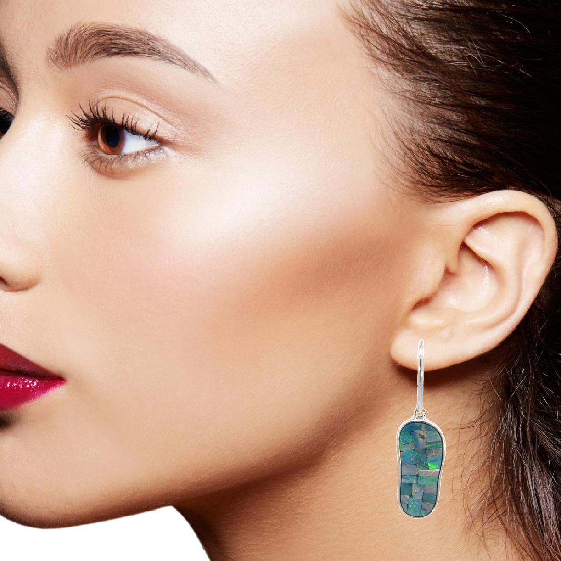 Sterling Silver long drop mosiac Opal earrings - Masterpiece Jewellery Opal & Gems Sydney Australia | Online Shop
