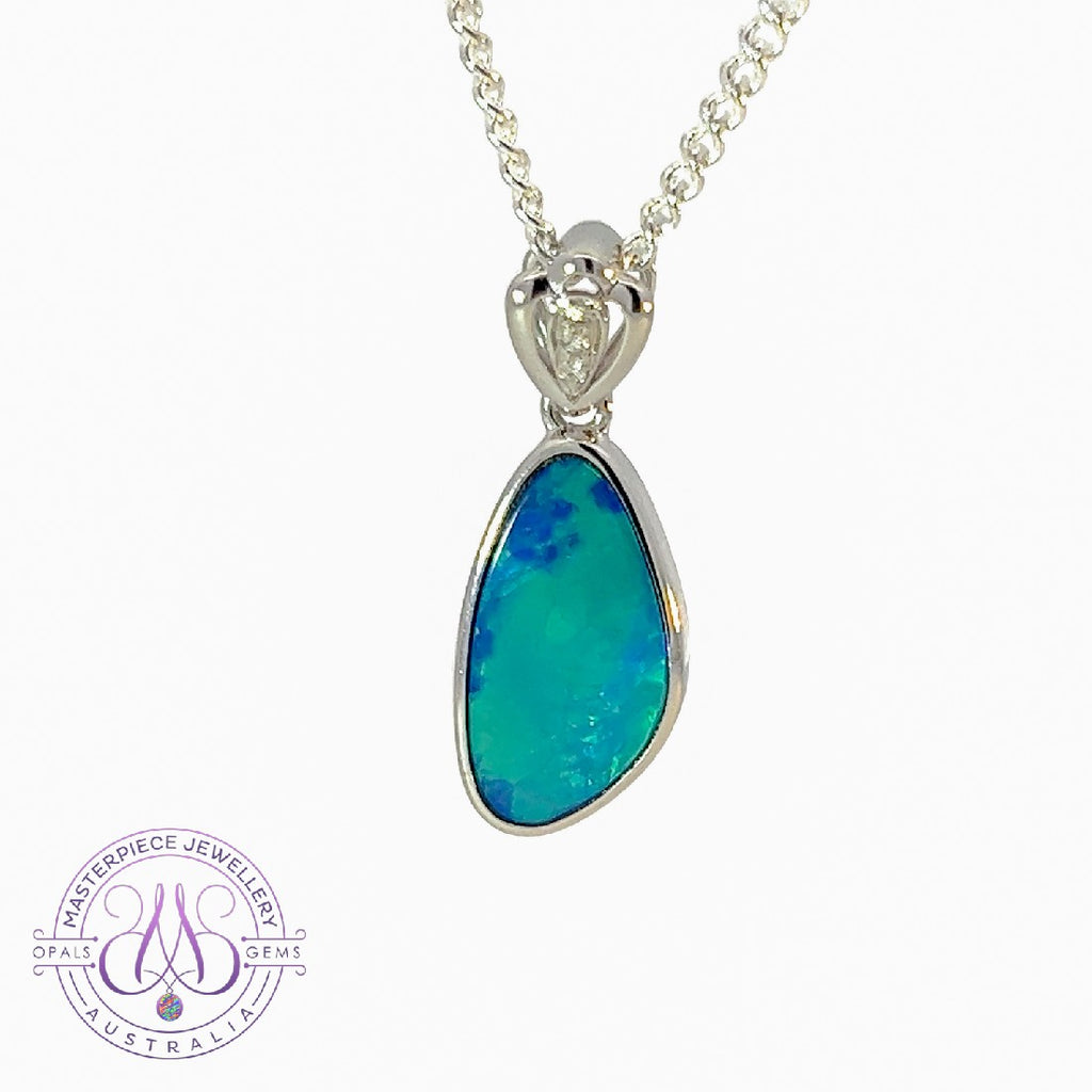 14kt White Gold Blue Green Opal doublet pendant - Masterpiece Jewellery Opal & Gems Sydney Australia | Online Shop