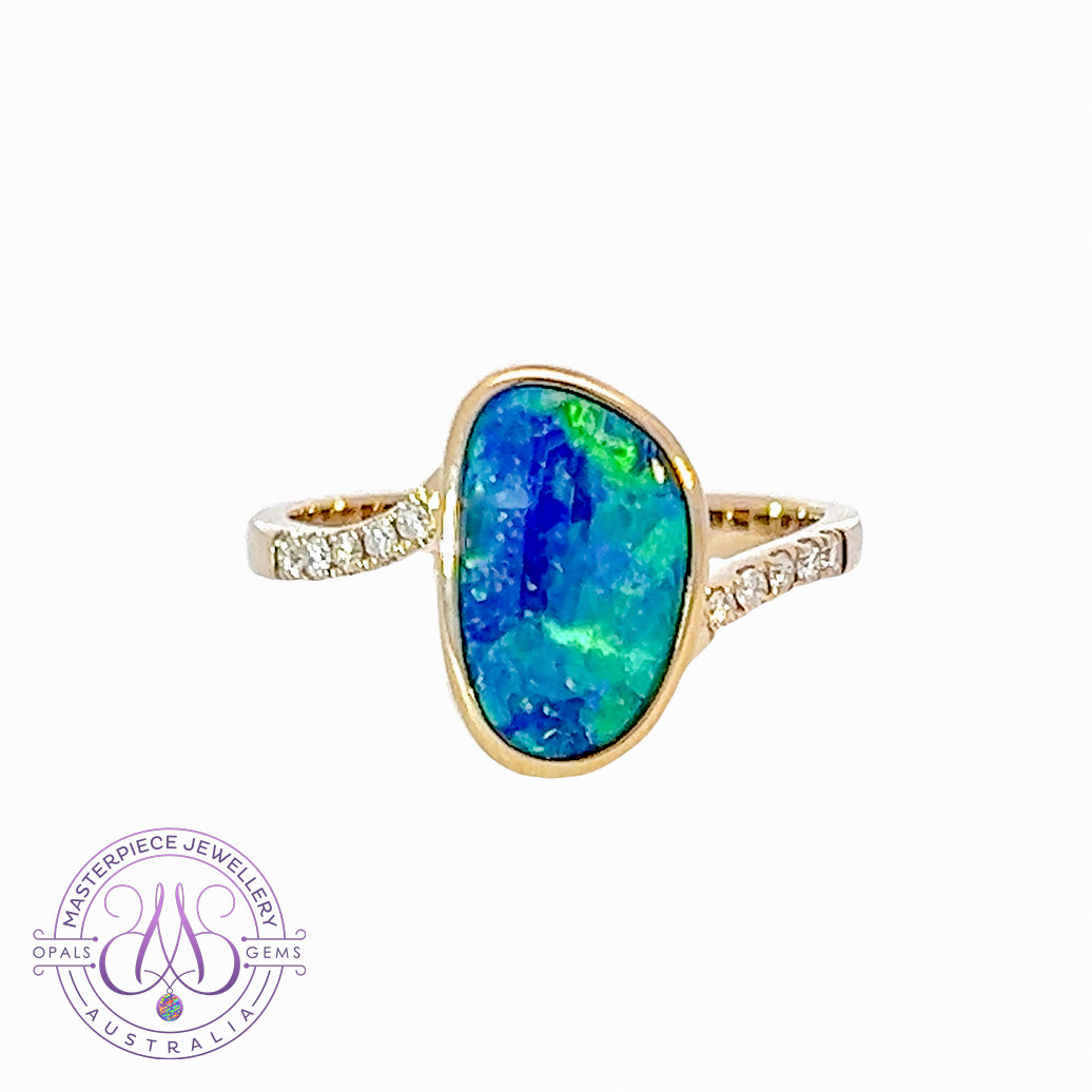 14kt Yellow Gold Opal Blue Green doublet and diamond ring - Masterpiece Jewellery Opal & Gems Sydney Australia | Online Shop