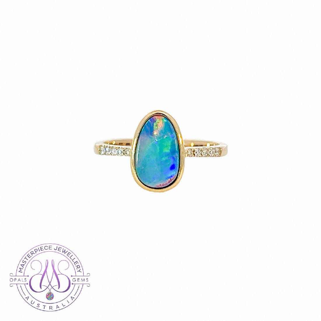 14kt Yellow Gold Opal doublet red green flash and diamond band ring - Masterpiece Jewellery Opal & Gems Sydney Australia | Online Shop