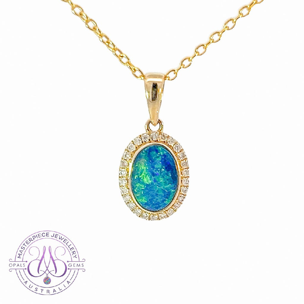 One 14kt Yellow Gold Oval Opal doublet halo pendant - Masterpiece Jewellery Opal & Gems Sydney Australia | Online Shop