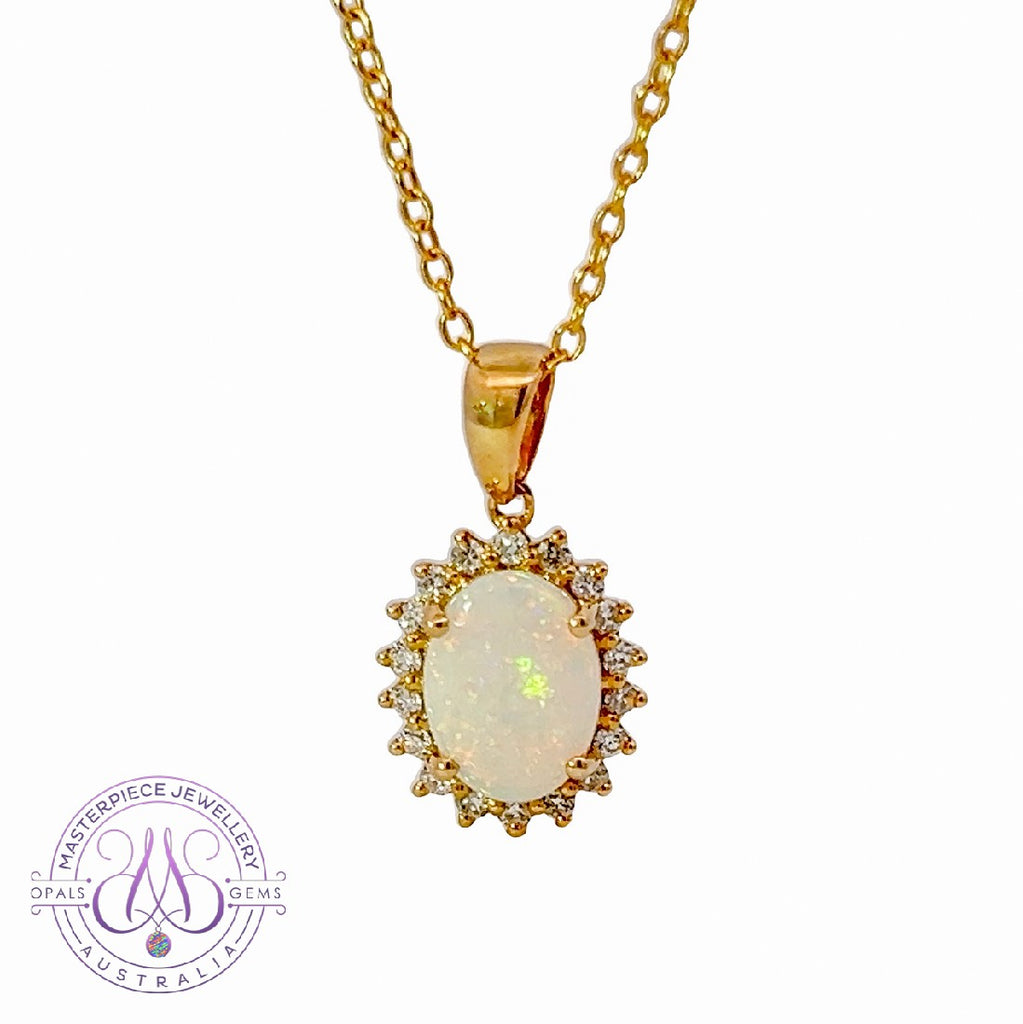 14kt Yellow Gold cluster pendant Opal and diamonds - Masterpiece Jewellery Opal & Gems Sydney Australia | Online Shop