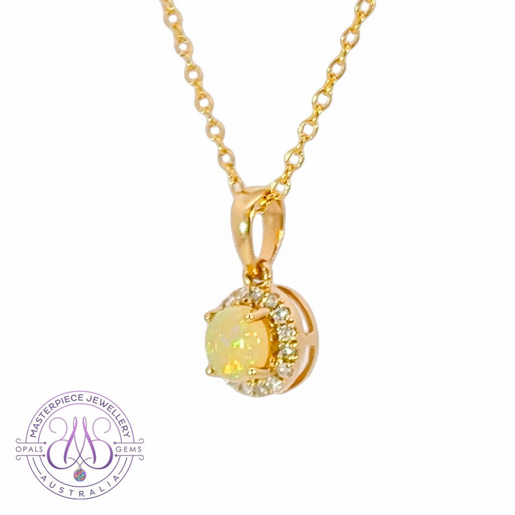 18kt Yellow Gold round Opal halo pendant - Masterpiece Jewellery Opal & Gems Sydney Australia | Online Shop