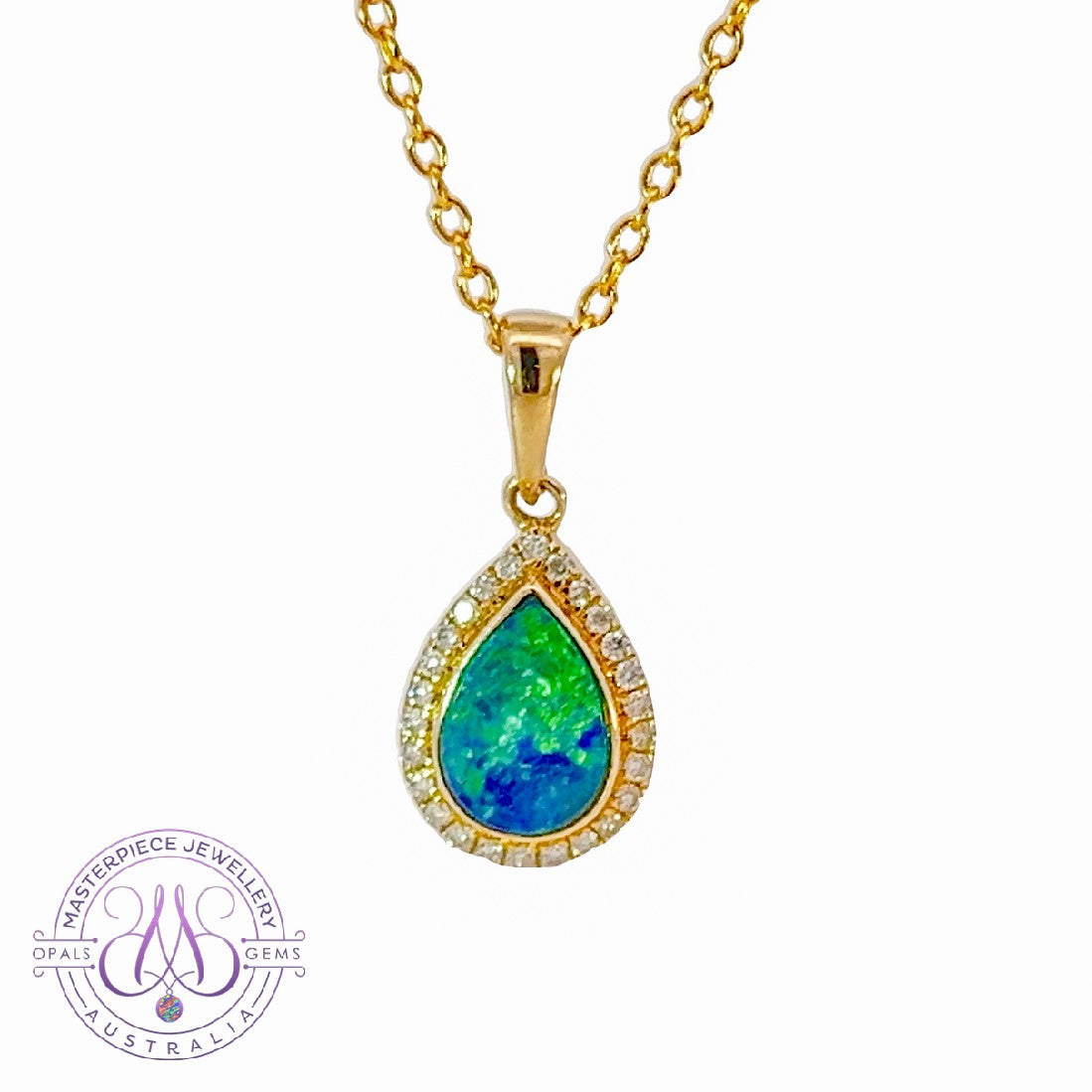 14kt Yellow Gold pearshape Opal doublet halo pendant - Masterpiece Jewellery Opal & Gems Sydney Australia | Online Shop