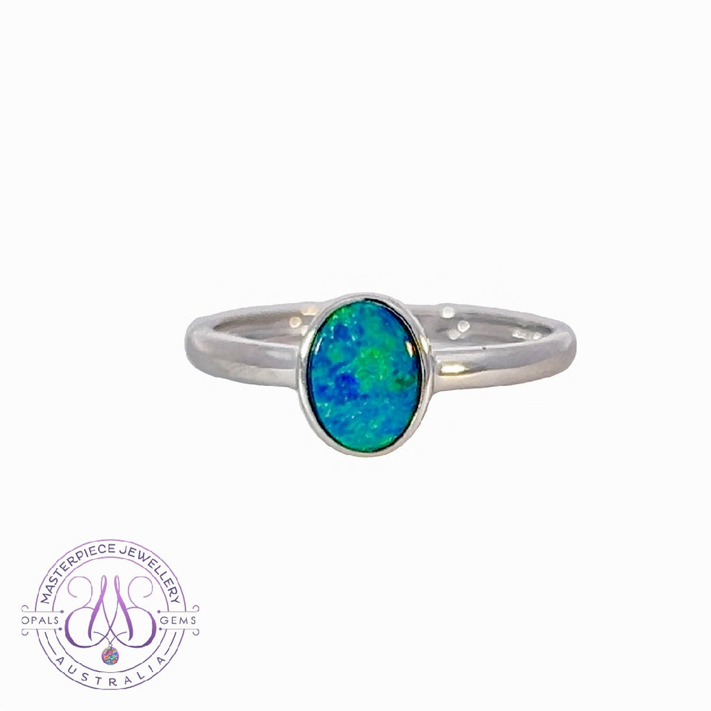 14kt White Gold Solitaire Opal doublet Blue Green bezel set ring` - Masterpiece Jewellery Opal & Gems Sydney Australia | Online Shop