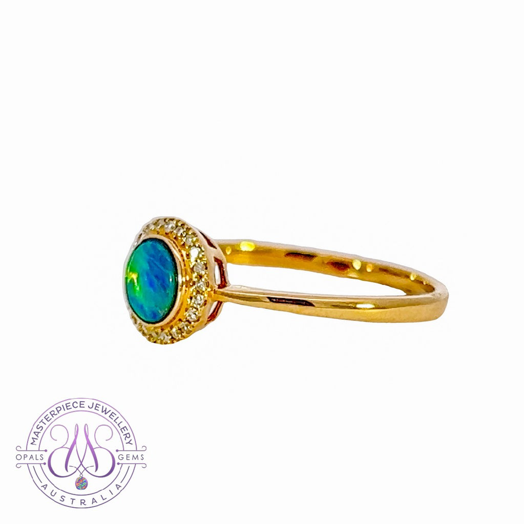 14kt Yellow Gold halo ring set with one 4.6mm Opal and diamonds - Masterpiece Jewellery Opal & Gems Sydney Australia | Online Shop
