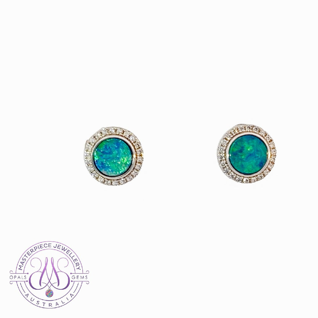 Sterling Silver Opal 0.85ct doublet halo earrings - Masterpiece Jewellery Opal & Gems Sydney Australia | Online Shop