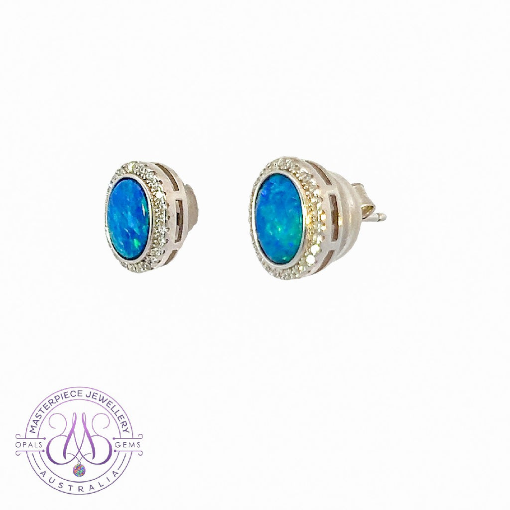 Pair of Sterling Silver Oval cluster Opal studs - Masterpiece Jewellery Opal & Gems Sydney Australia | Online Shop