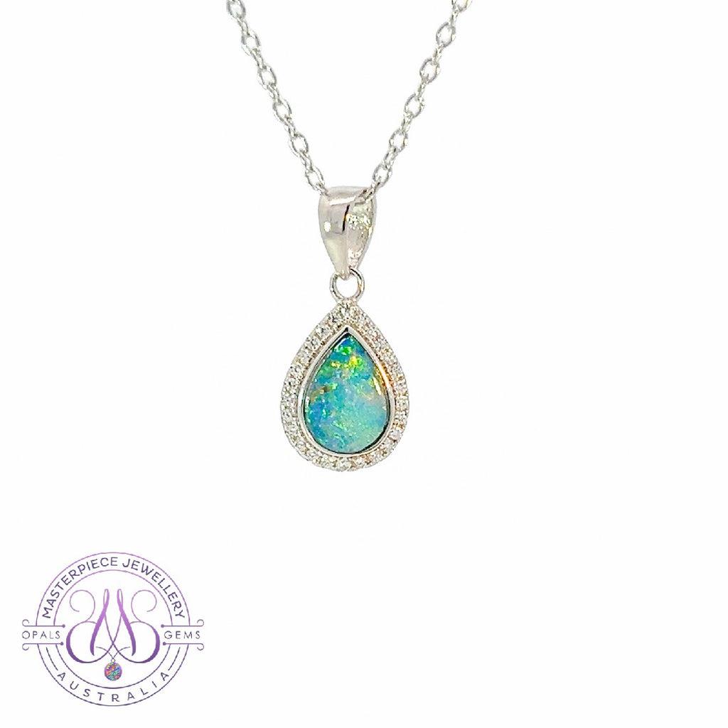 Sterling Silver pearshape Opal doublet surrounded by diamonds halo pendant - Masterpiece Jewellery Opal & Gems Sydney Australia | Online Shop